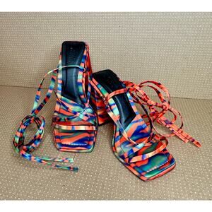 ASOS‎ Design Colorful Orange Blue Heels Strappy Square Toe Tie Up High Heel
